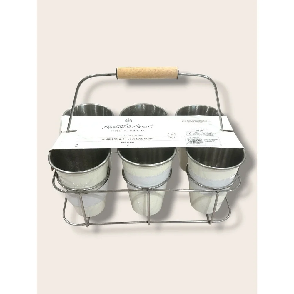 Metal and Rubberwood Tumbler Caddy Sour Cream - Hearth & Hand Magnolia, Target